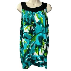 Double Take Sleeveless Blouse Tropical Abstract Green Black Trim Women's Size 1X